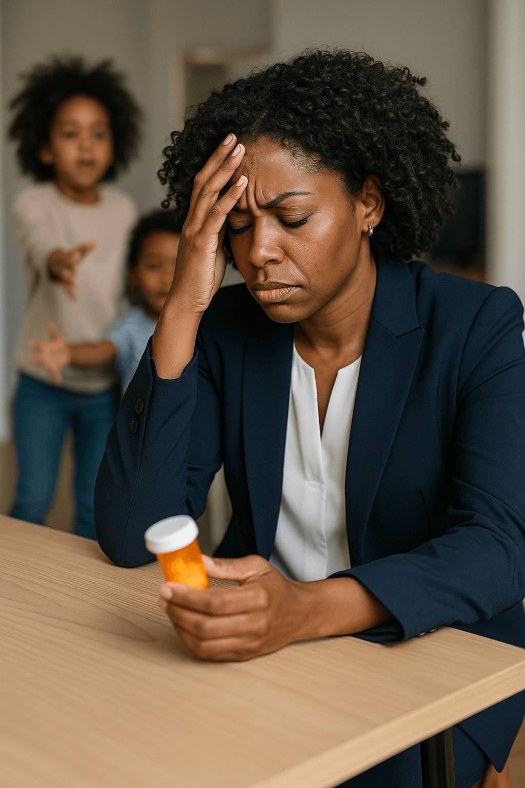 Professional woman sitting stressed that her psychiatric medications are not working, holding a pill bottle and overwhelmed by ineffective treatment response