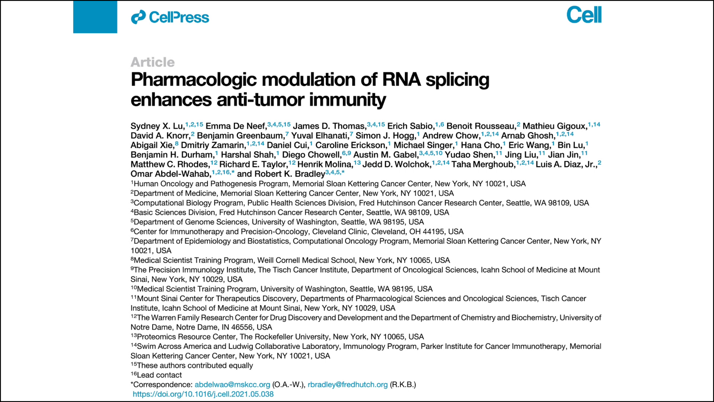 Pharmacologic modulation of RNA splicing enhances anti-tumor immunity