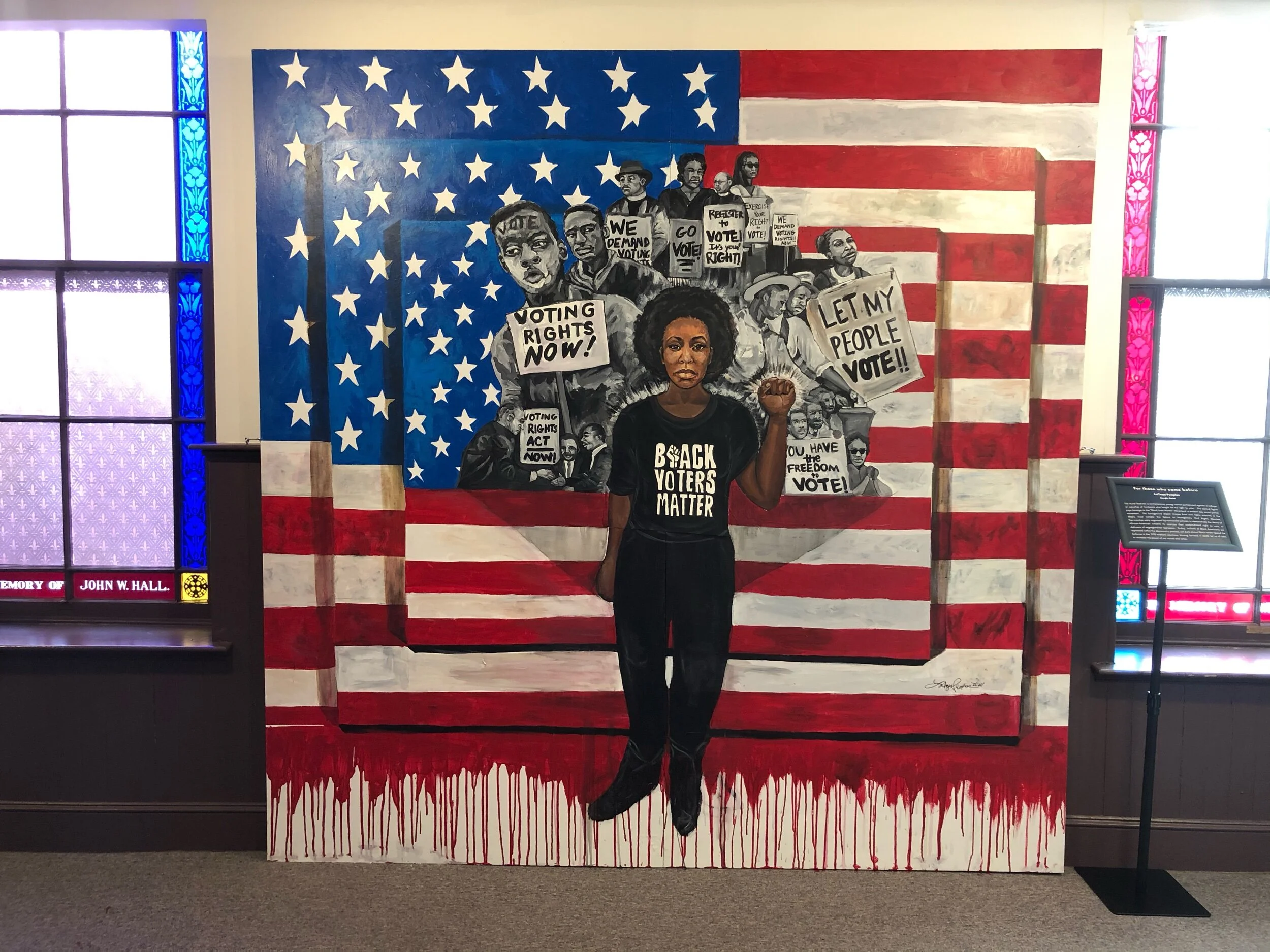  Mural for Black Vote Mural Project, a public art exhibition that has transformed the interior galleries of Banneker Douglas Museum with the mural work of 20+ artists that explore the history of the Black Vote in America. On view until December 21, 2