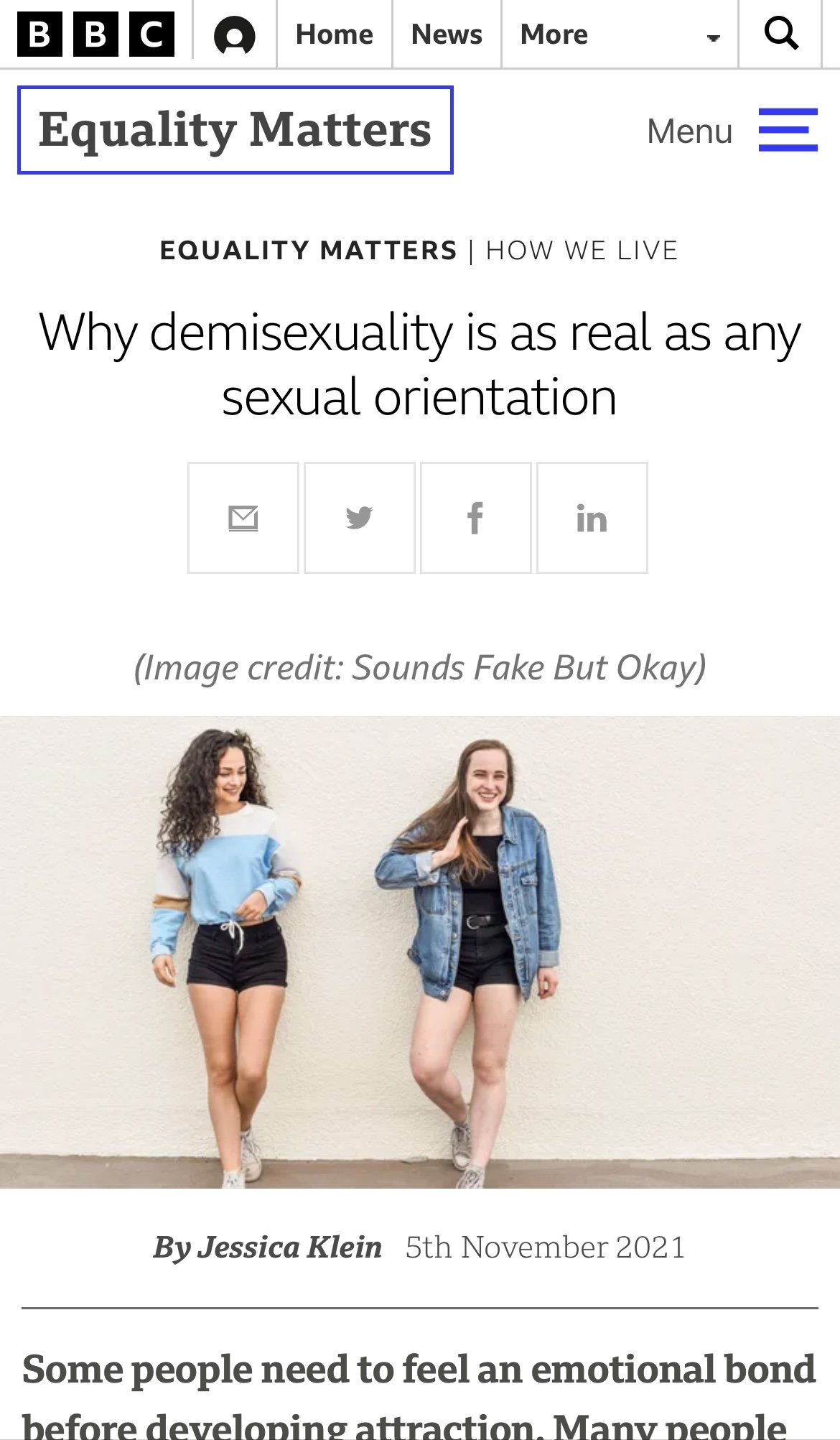 A screenshot of an article from BBC Equality Matters. The Title is "Why Demisexuality is as real as any sexual orientation" Below this is a photo of Kayla and Sarah standing in front of a wall.