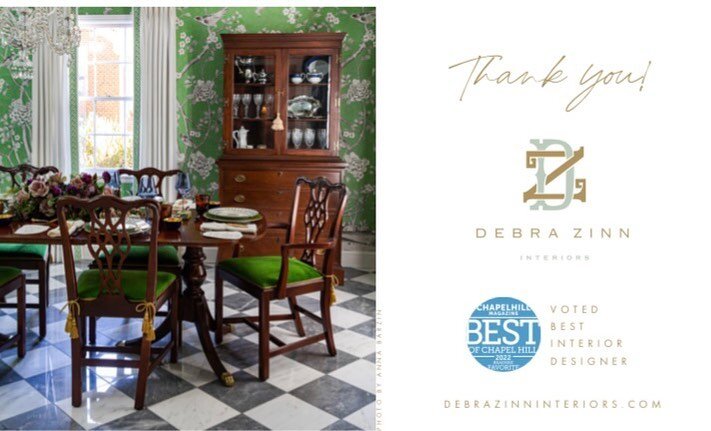 What a surprise and
honor to be selected as one of the Best Interior
Designers in Chapel Hill! We are so grateful to
be included as a Reader's Favorite in @chapelhillmag. Thank you to our wonderful
clients and amazing tradespeople  that make us look 