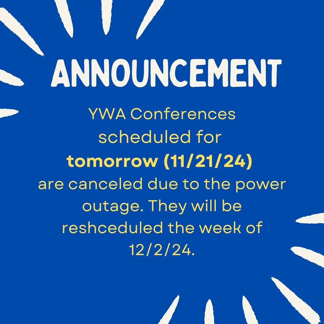 🚨 Important Update 🚨
Due to a power outage, all conferences scheduled for tomorrow, 11/21/24 are canceled. They will be rescheduled the week of 12/2/24. We sincerely apologize for the inconvenience.

As of now, 11/22/24 conferences are not canceled