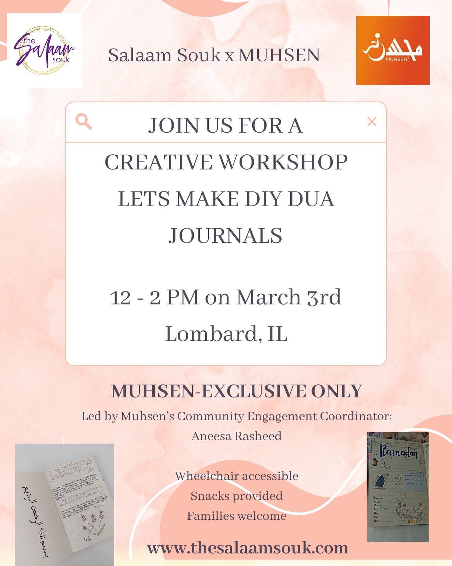 We are so excited to be collaborating with Muhsen in our 30 duaas for 30 days DIY Journal Workshop! This class is led by Muhsens very own Aneesa Rasheed! All ages are welcome. Ticket sales will end on Thursday.