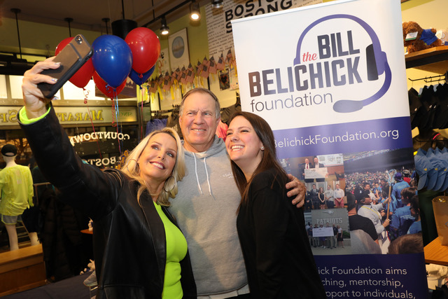 Linda Holliday and Bill Belichick with Team Belichick Boston Marathon runner Samantha Kruger in April COURTESY OF THE BILL BELICHICK FOUNDATION