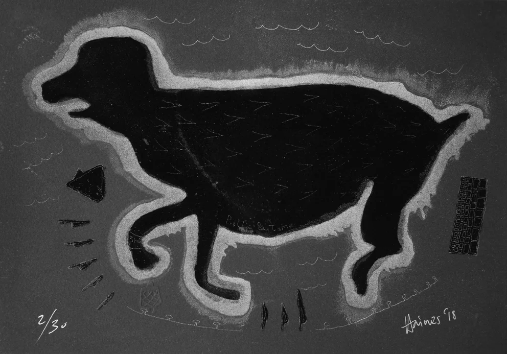 Bilbo the Surf Dog, 2018, etching and yacht varnish on paper, 22cm x 31cm