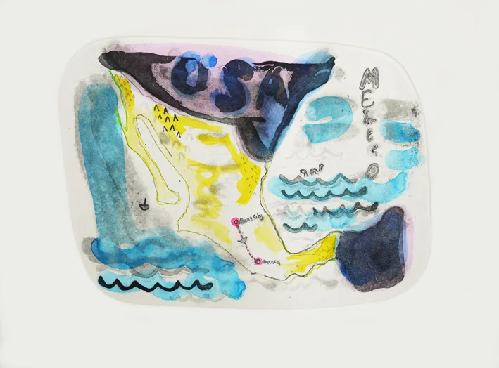 Mexico Map, 2014, hand tinted etching, 45cm x 58cm
