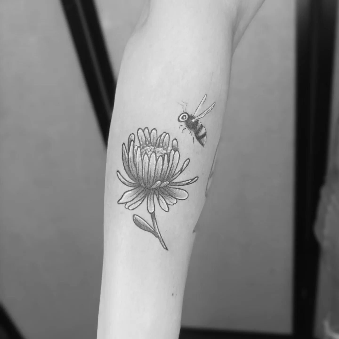 Astor flower and bee 🐝 for lovely Amy 
.
.
.
#nurseynomercy #nurseytattoo #astor #astorflower #bee #honeybee #beetattoo #blacktattoo #blackworkers #wellingtonnz #wellingtontattoos #wellington #nz #nztattoo #drmorsetattoo #luckysupplynz #stenciljam #