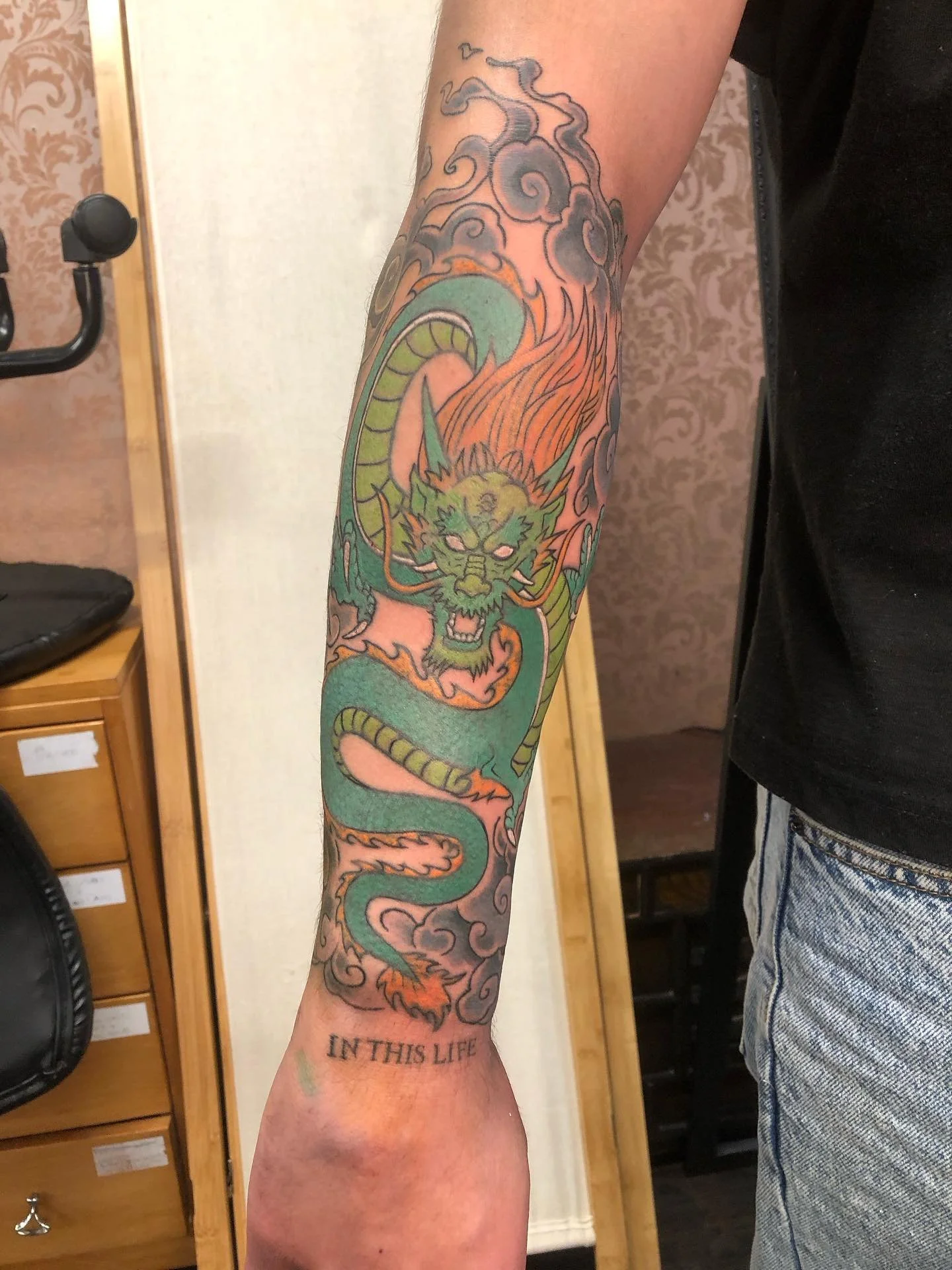 This was a pretty sick rework for Emilio! We redid some of the lines and all the colour on the dragon, and added in the clouds and Japanese script to the rest of the arm. Thank you for trusting me through the process and can&rsquo;t wait for next tim