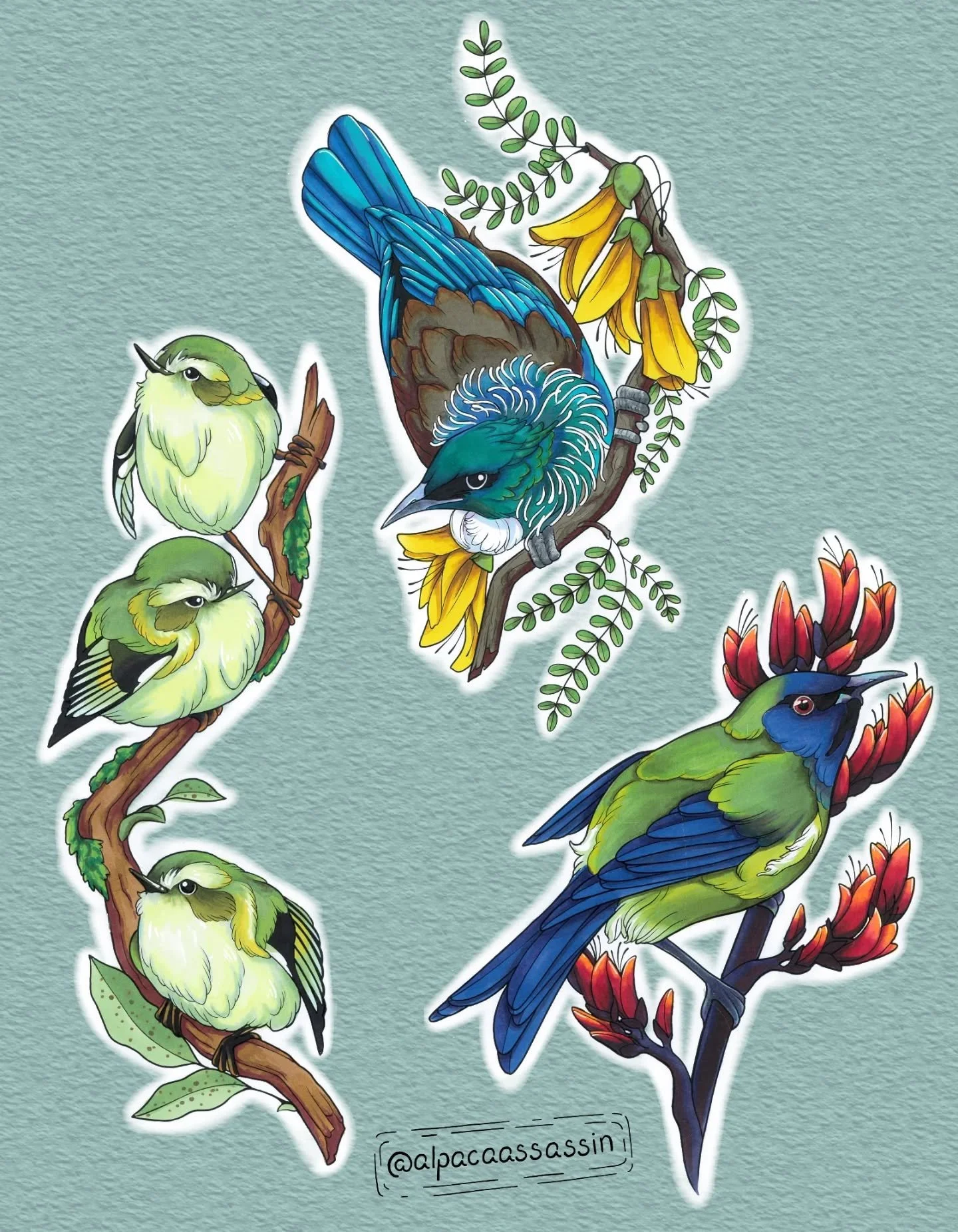 New flash available! Some more larger pieces that would be great to fill up an area✨️🌸🌿 We have a Titipounamu (Rifleman) on Horopito, a Tui on Kowhai, and a Korimako on Harakeke.

Pricing is based on sizing, so if you have any questions or you woul