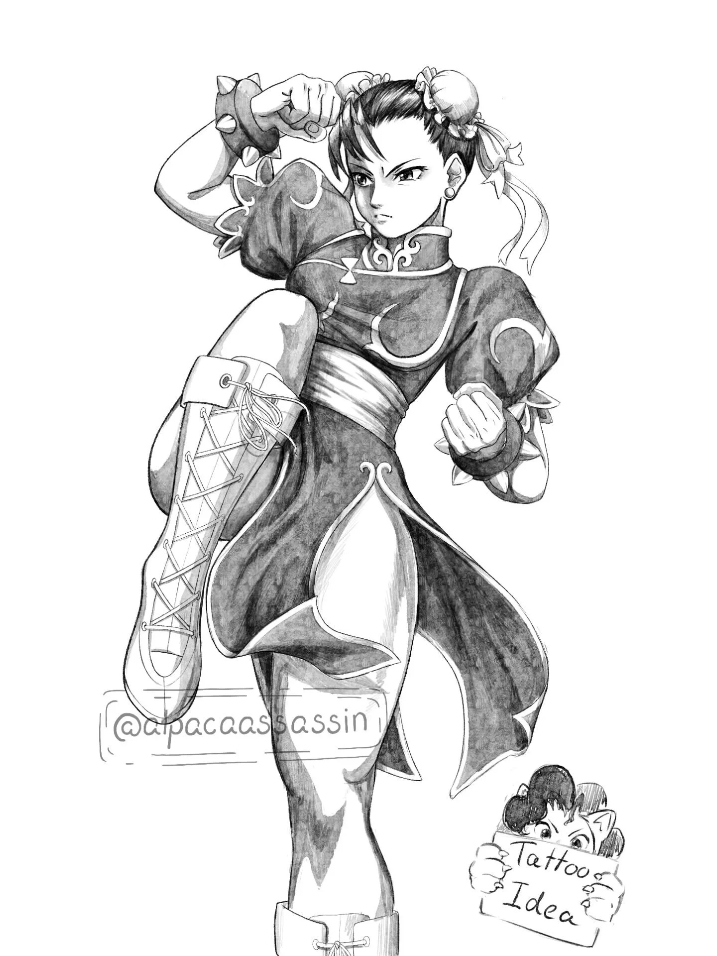 Tattoo concept of Chun Li plus some placement ideas ♡ 
Would be more than happy to do this in colour as well! Pricing is a minimum of $550 and will be size dependent. 

If you wpuld like to book this or any custom design, Dm or email me
Contact in bi