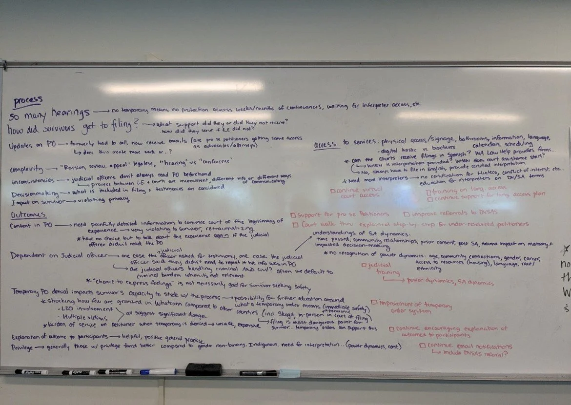 Photograph of a white board with notes from the case review team's discussion written in red and blue markers, highlighting issues with the civil protection order process, issues with the civil protection order outcomes, and strengths of the court.