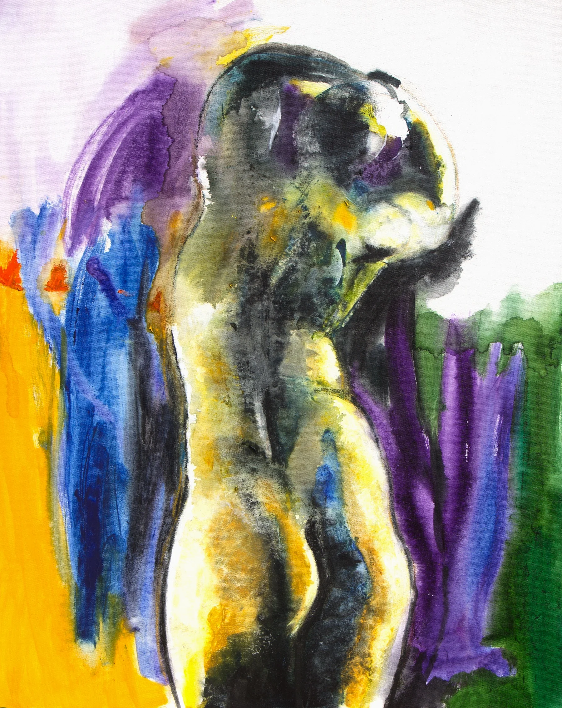 SHE DISLODGES HER MEMORIES INTO PULSATIONS OF DESIRE by Brenda Clews 24” x 30” ink and oil paint on canvas