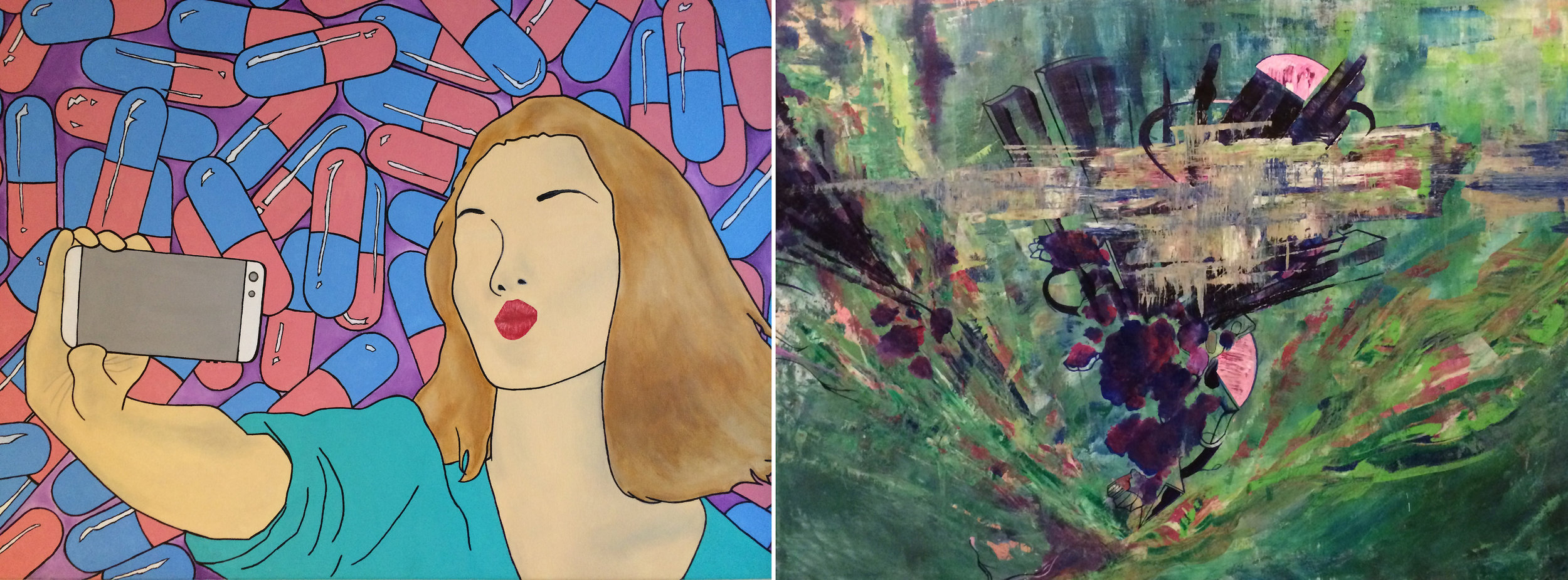 L : INSECURE NARCISSIST 36” x 30” mixed media • R: ACID WATERMELON 48” x 36” acrylic on canvas -both by Stephen Tricanico