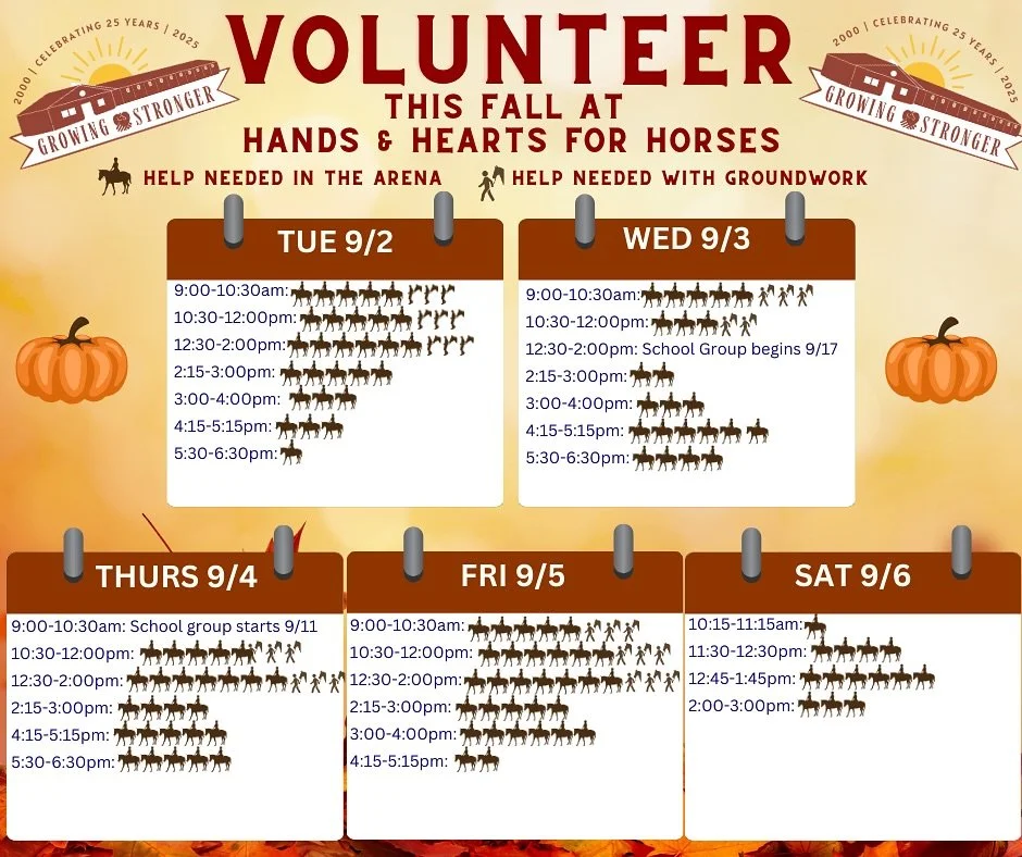 Our Fall Session starts back on Tuesday September 2nd!!

We can&rsquo;t believe that time is already here and we are so excited to welcome back our participants and volunteers!

We will need lots of help this Fall both for therapeutic riding and grou