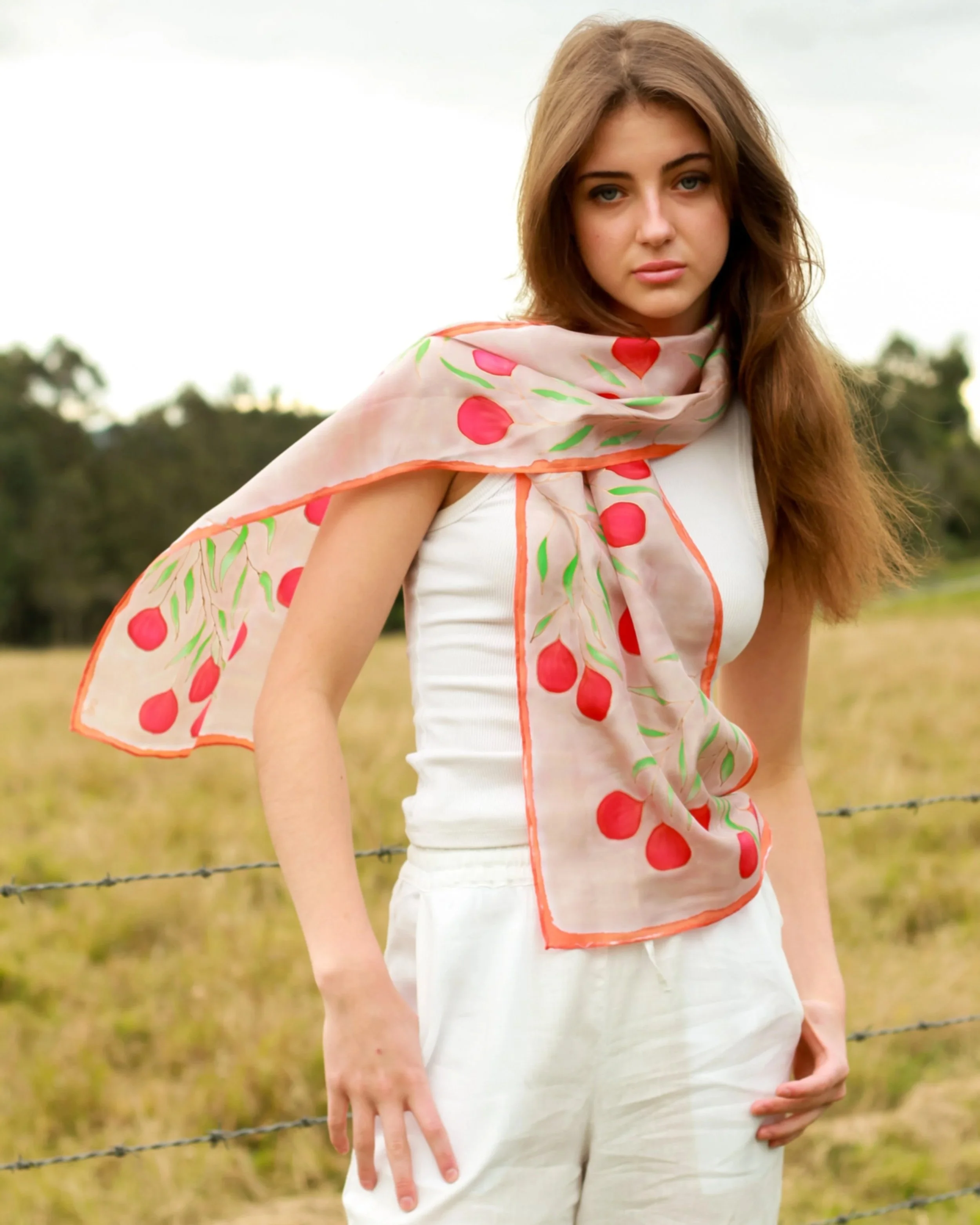 Red Quandong- Terra Australis- Hand painted silk scarf