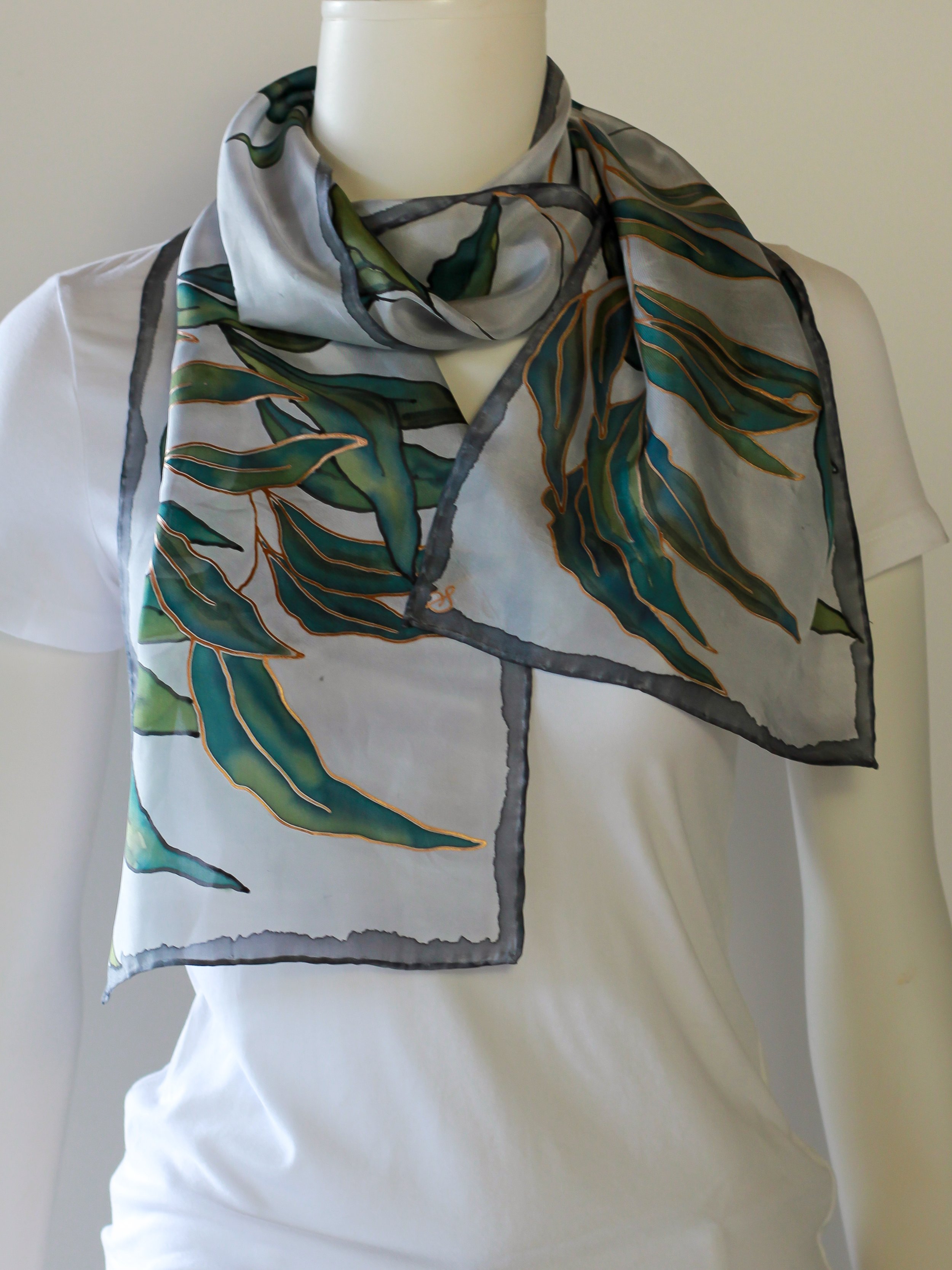 Twilight Eucalypt- Hand painted Silk Scarf
