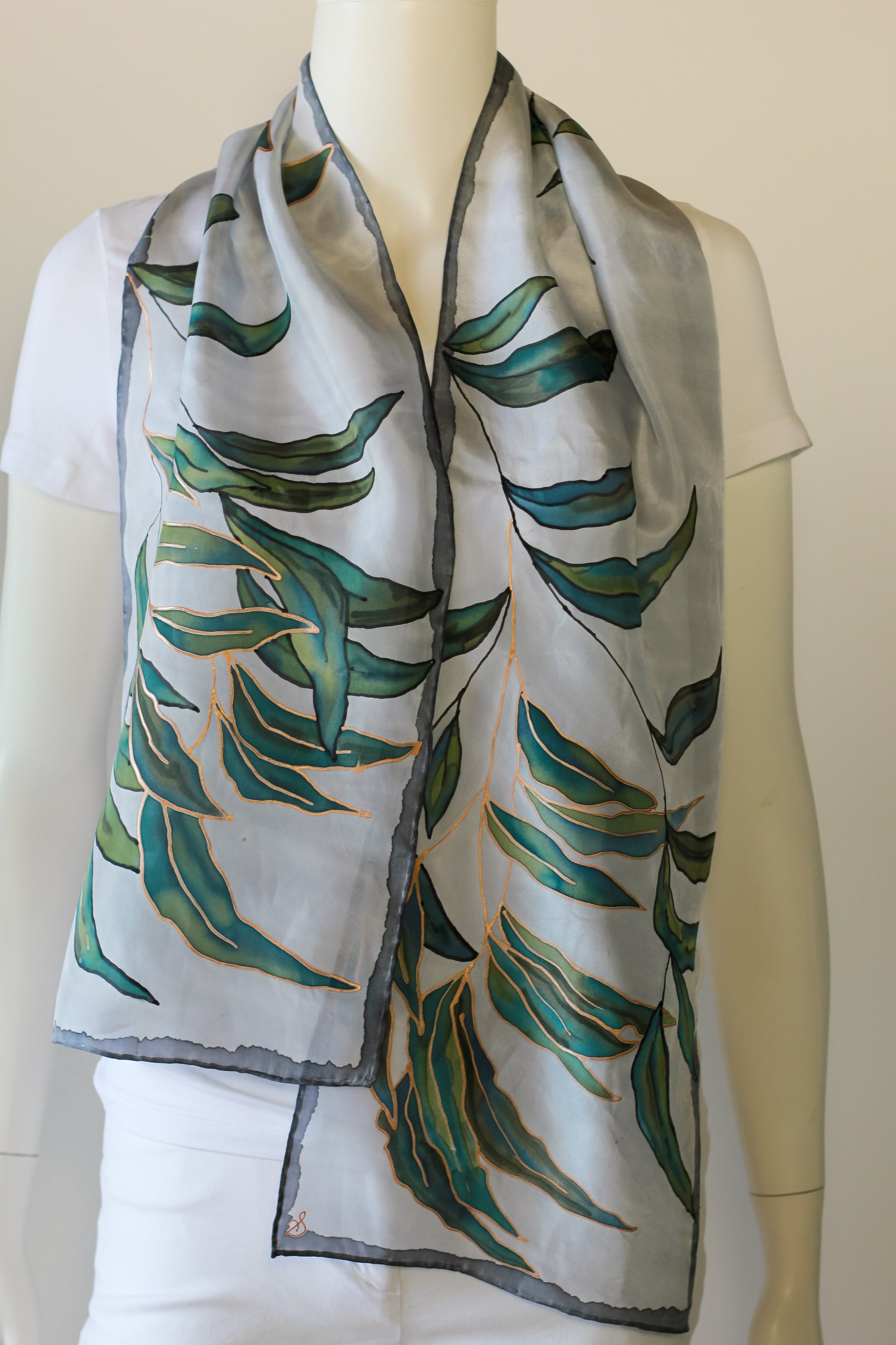 Twilight Eucalypt- Hand painted Silk Scarf