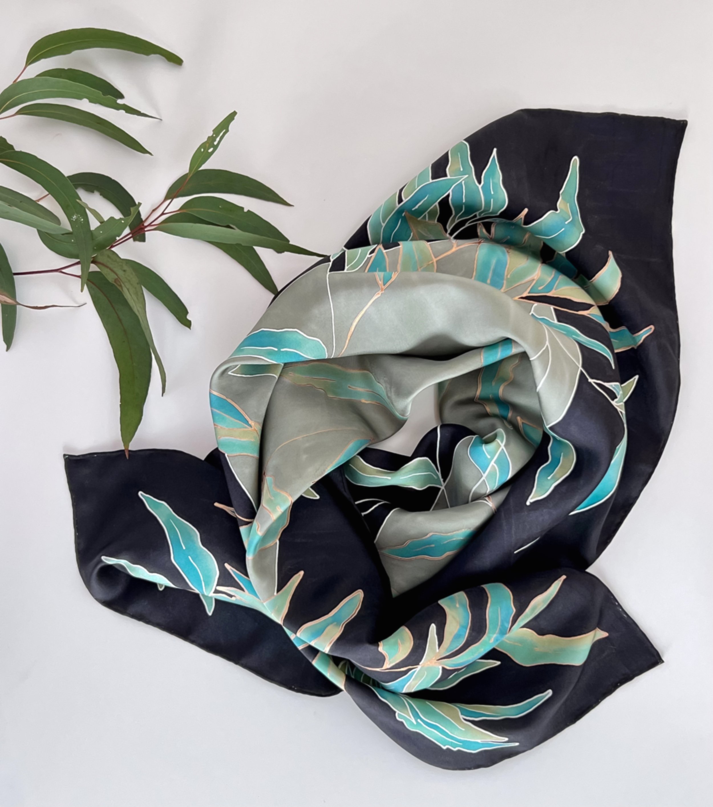 Eucalypt in the Shadows hand painted silk twill scarf
