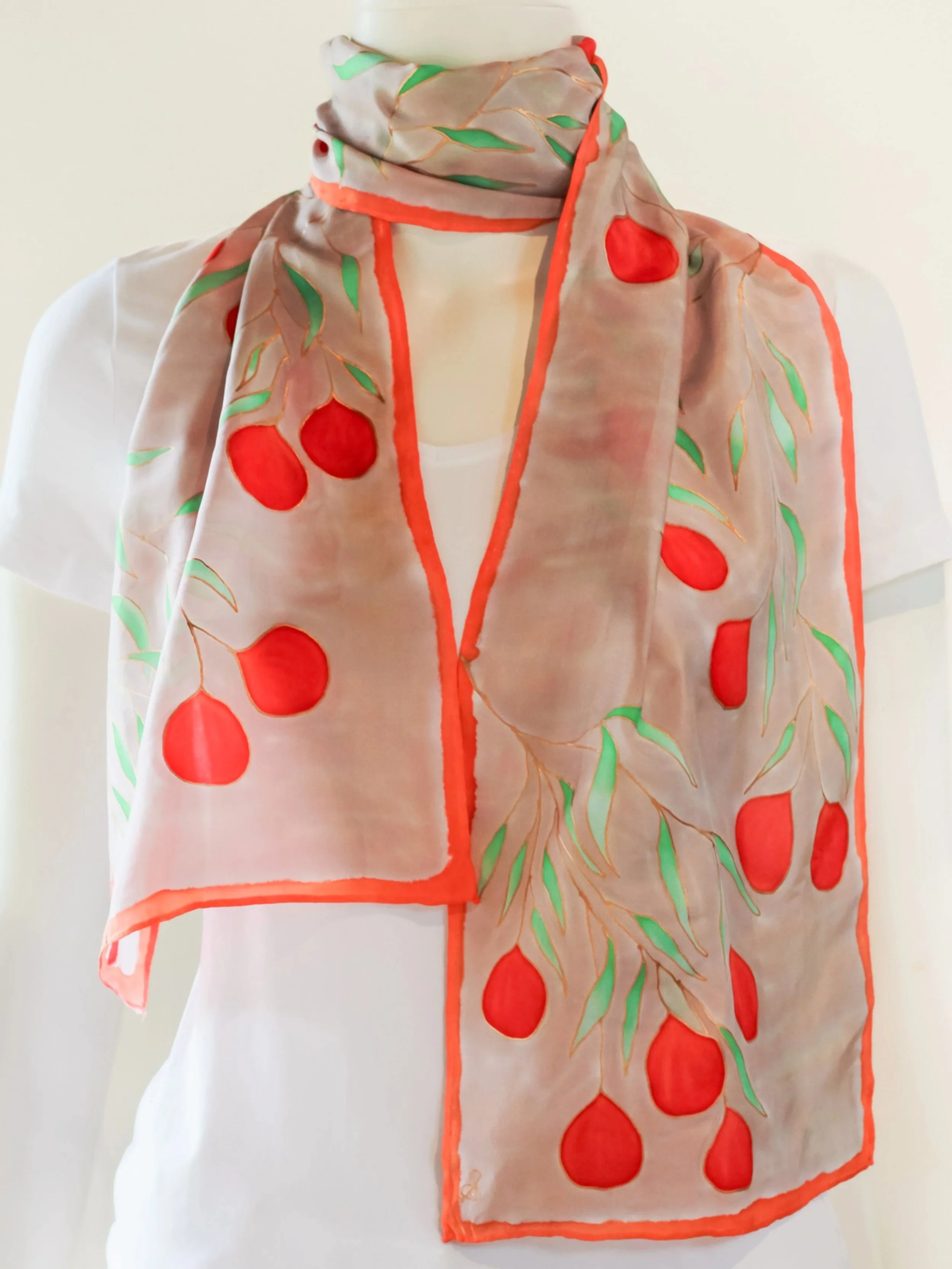 Red Quandong- Terra Australis- Hand painted silk scarf