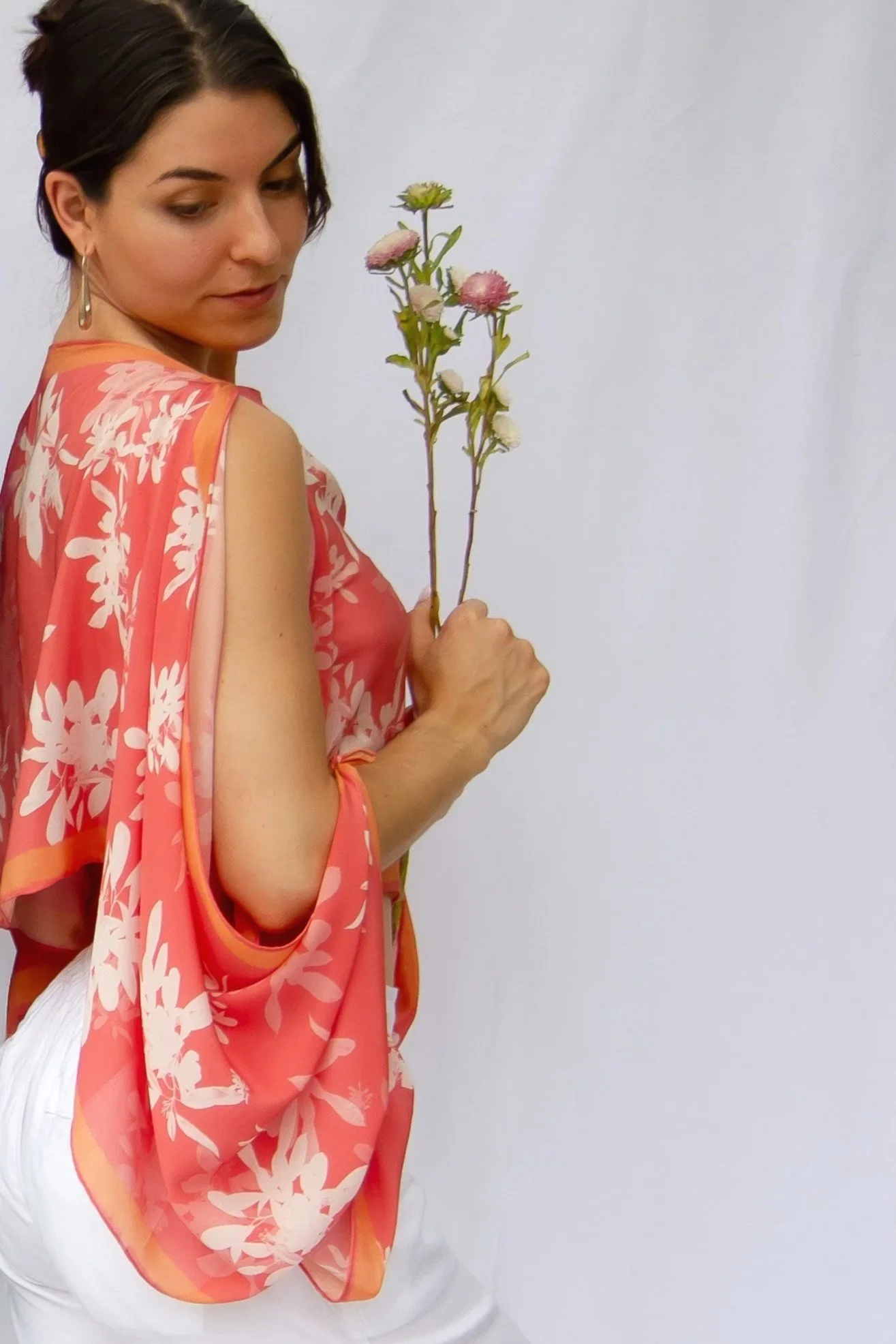 Coral Bouquet silk top with sleeves