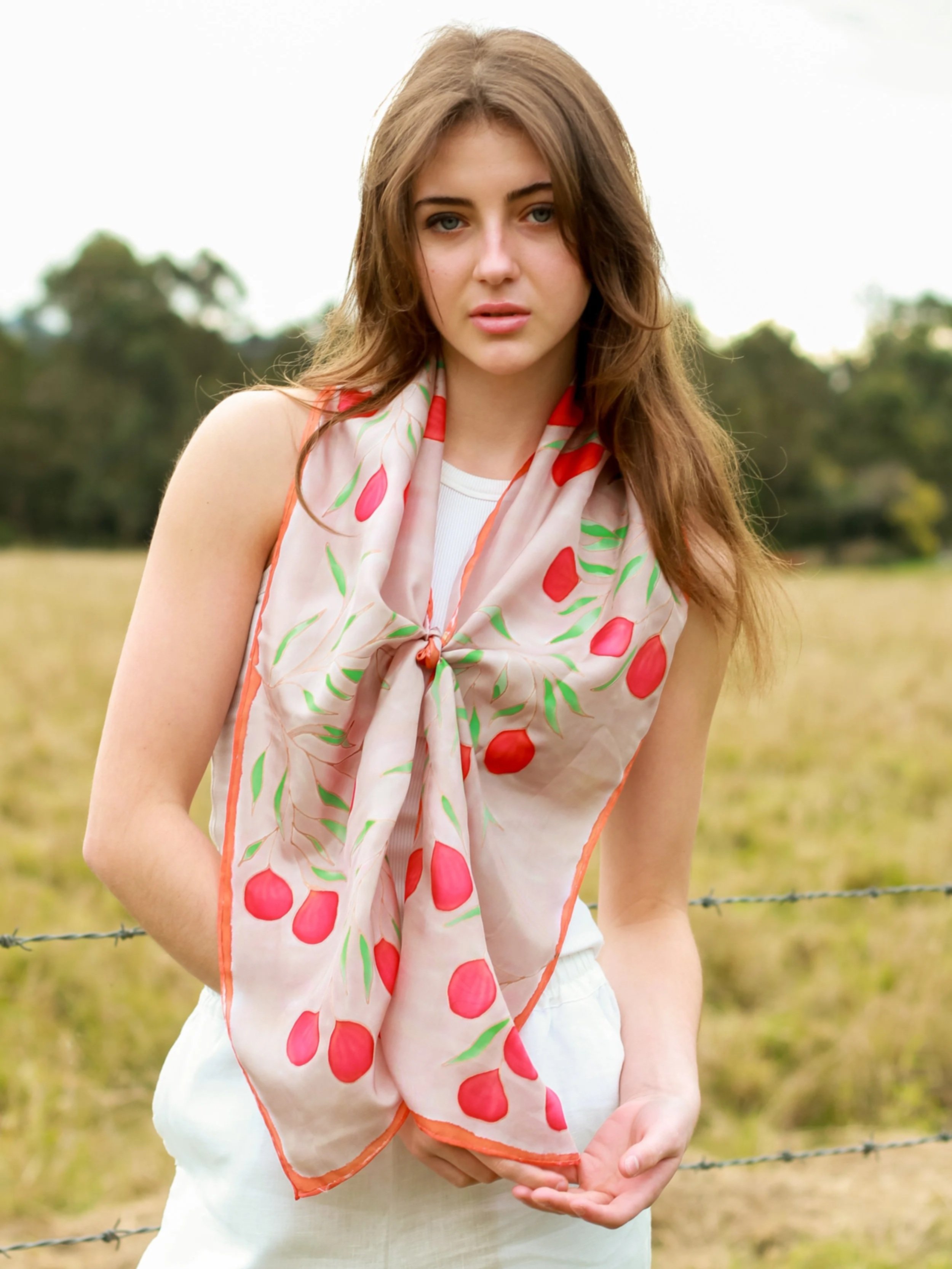 Red Quandong- Terra Australis- Hand painted silk scarf