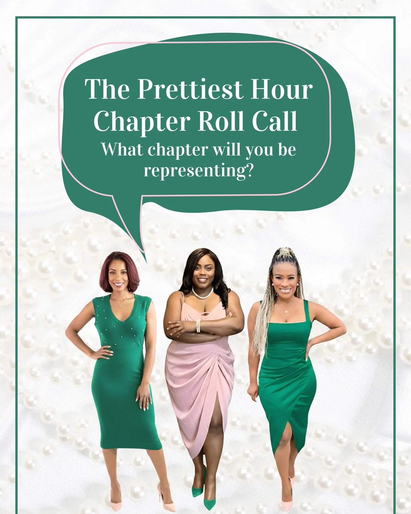 🩷Grad! 
💚Undergrad! 
🩷General!

💚🩷The Prettiest Hour brings us all together. Let us know in the comments which chapter you&rsquo;ll be representing at XOXO!

#theprettiesthour #pearlfessionalakas #aka1908 #j15