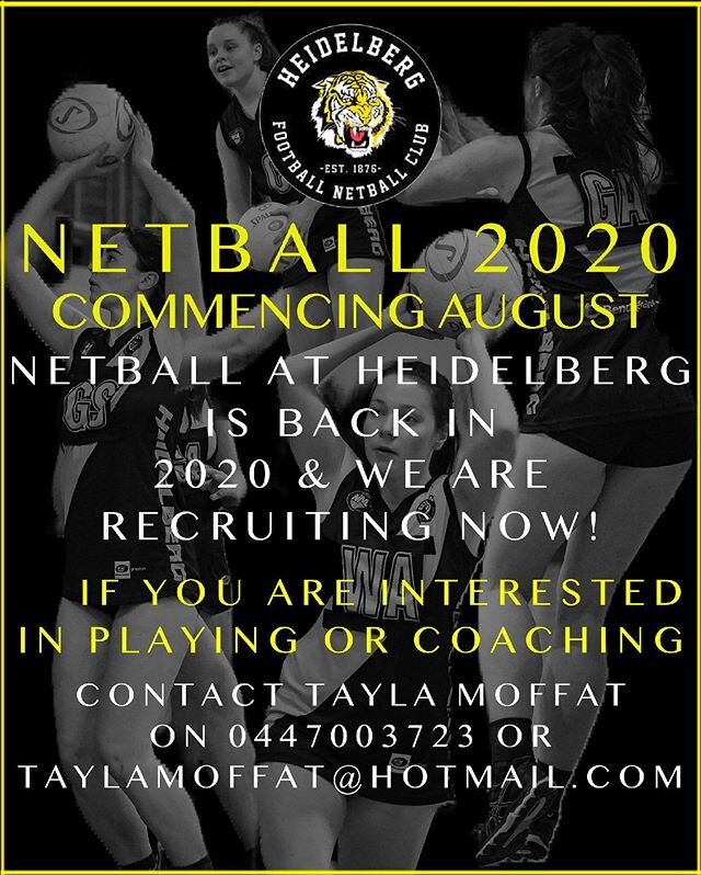 NETBALL 2020 🏐

Heidelberg Football Netball Club are excited to announce we will be fielding netball teams in the 2020 @northernfootballnetballleague Winter Season. 
If you are interested in playing or coaching please contact our Netball coordinator