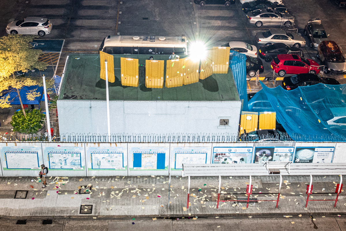 There are 3 wet spots distinguishable below the yellow barriers. I believe they may be pee stains.