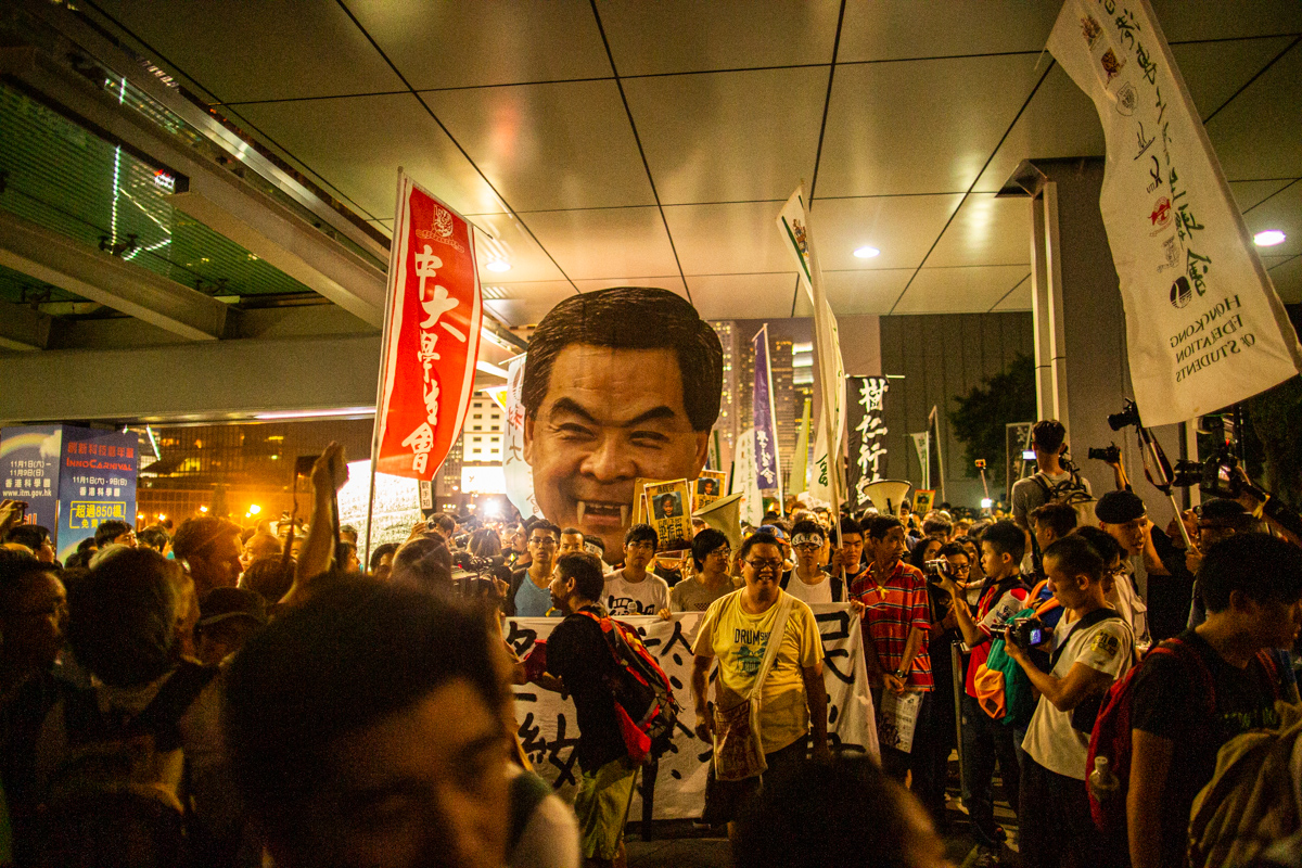 14.09.25 - An effigy of CY Leung, Hong Kong’s leader, is mocked during a protest over the government’s proposed plan for implementing democracy in Hong Kong. The plan would require that Hong Kongers voted for a selection of candidates vetted by Beijing.