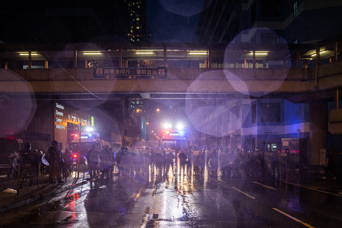 19.08.25 - Police cordon in front of their new Mercedes water canon trucks.