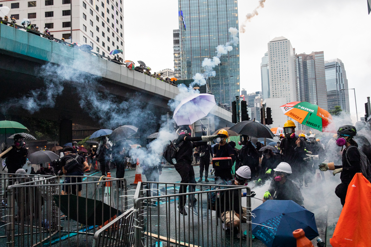 Protestors out side LegCo levitating.