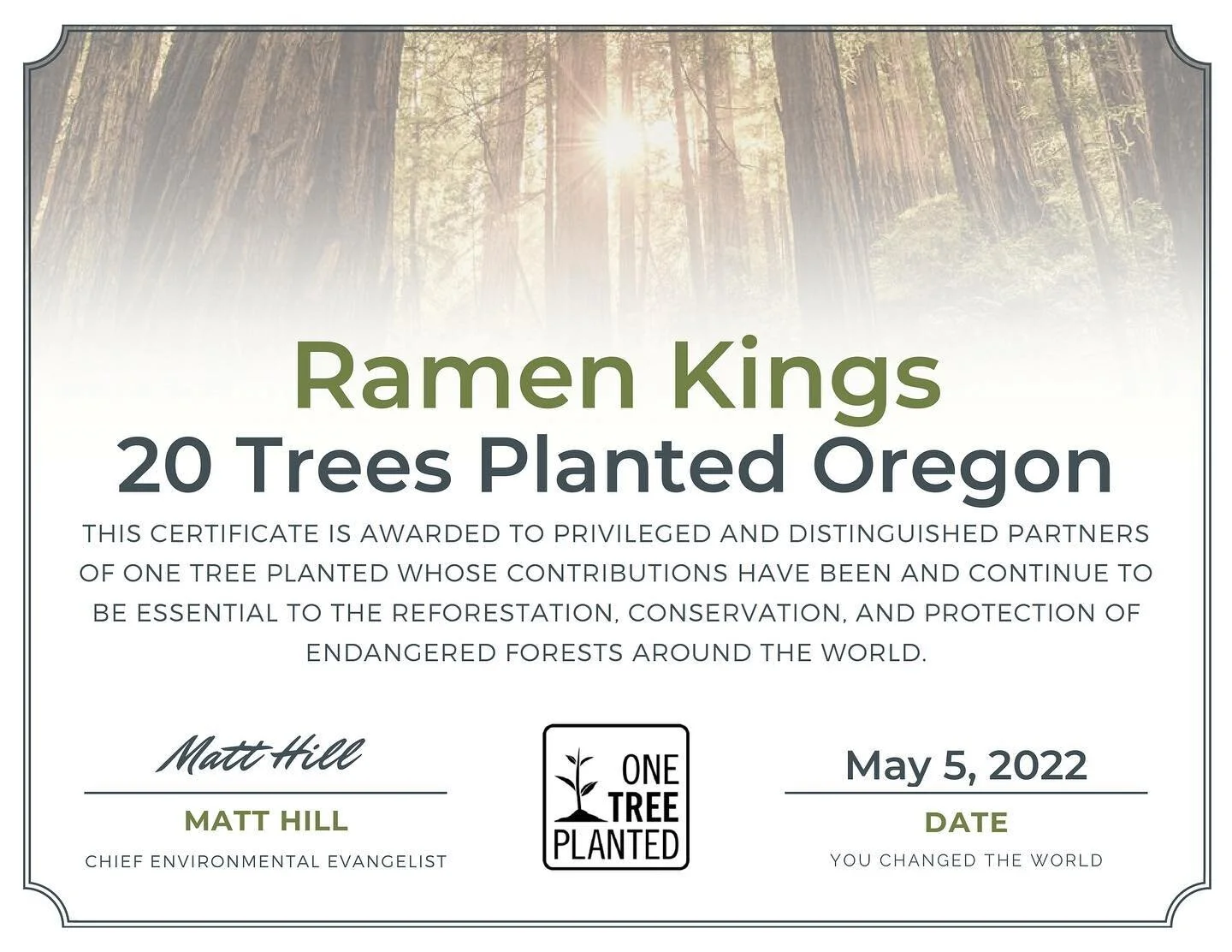 We have planted 20 trees 🌲🌳 in Oregon 🌏💚🤍
Thank you for shopping at Ramen Kings! 
We will continue to contribute to 🌍environment by delivering eco friendly Ramen Meal Kit💚🍜
.
.
#eco #ecofriendly #compostablepackaging #ramen #ramenkings #veget