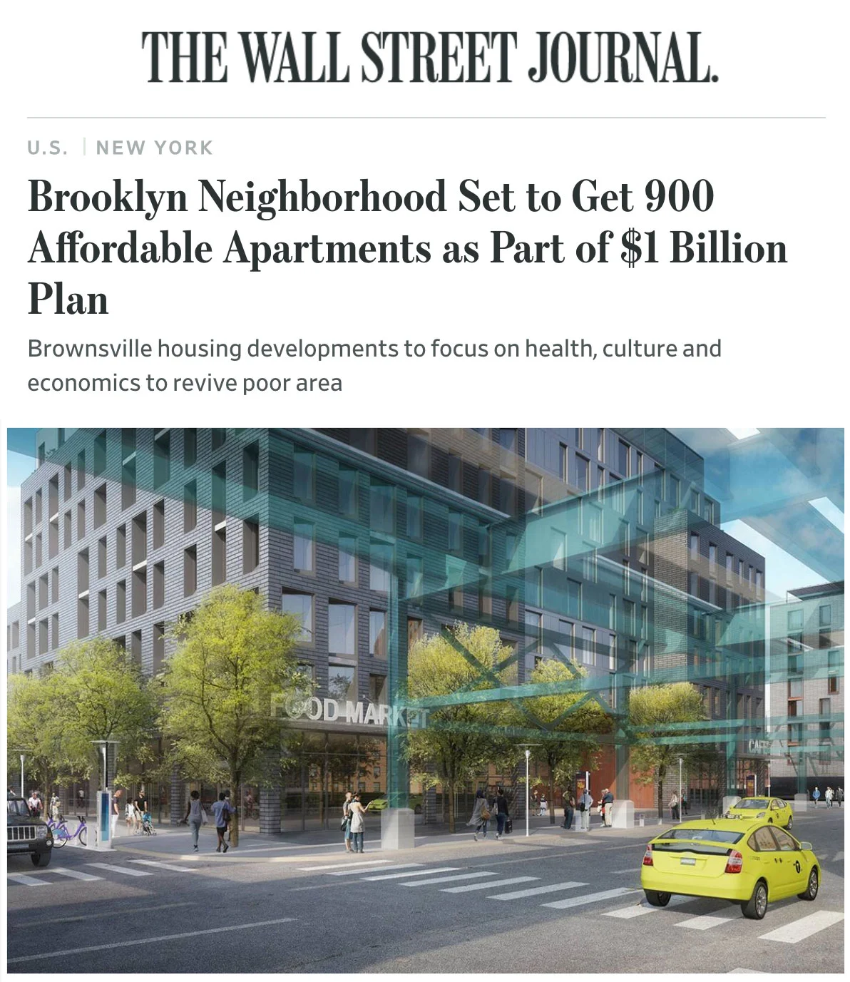 The proposals outlined in the Brownsville Plan’s one-year progress report focus on affordable housing, job creation, new community facilities and public spaces. Renderings of future housing in Brownsville, Brooklyn.PHOTO: MAGNUSSON ARCHITECTURE AND PLANNING