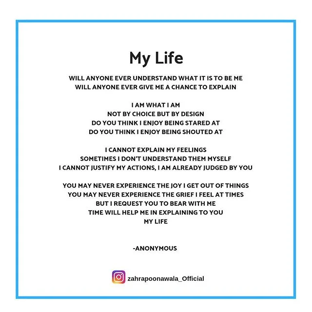 Post one of my sessions, a client shared this beautiful poem with me. It aptly describes the experience that people with autism go through. What do you think? #autism #poetry #specialneeds #yearoftolerance #specialneedsparents #empathy #tolerance #no