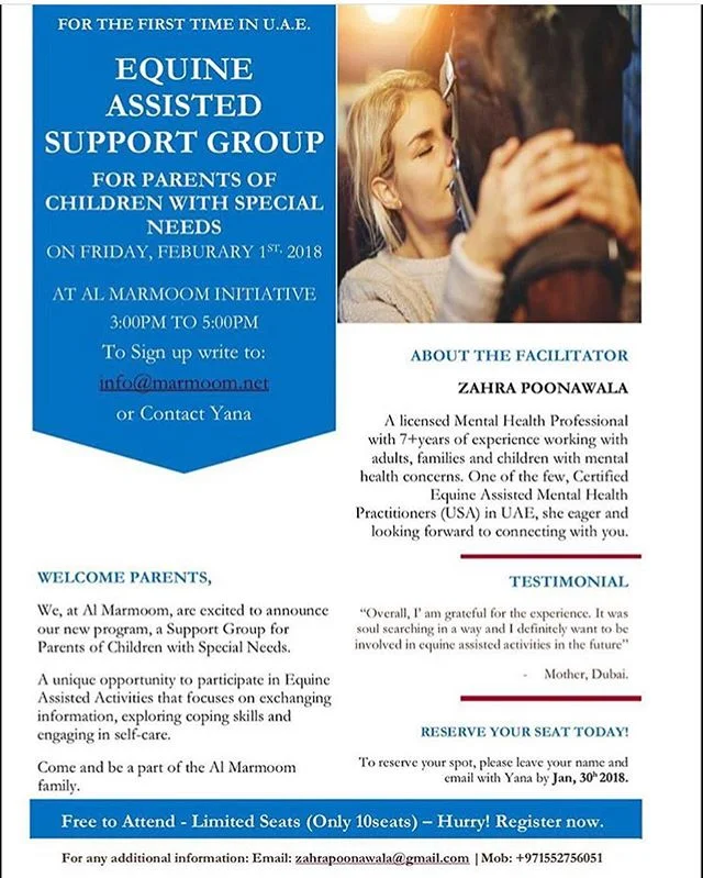 Excited and eager for our monthly equine assisted support group for parents of children with special needs. Please feel free to share the details with any parents of children with special needs you may know! #yearoftolerance #specialneedsdubai #dubai