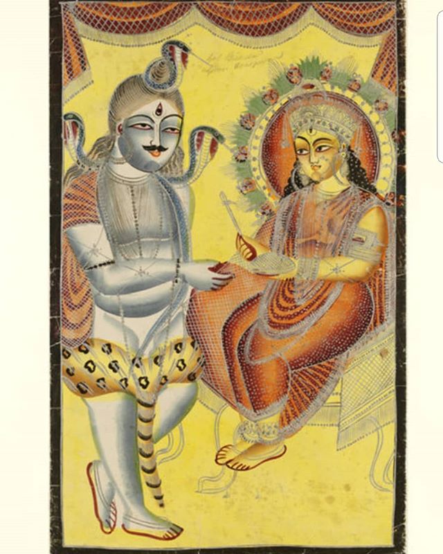 Annapurna, 'giver of food and plenty' bestowing rice upon Shiva. 
Unknown artist, 'Annapurna and Shiva', c.1860
