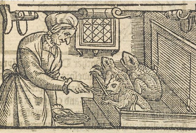 Witch feeding her familiars with blood, 1579, British Library