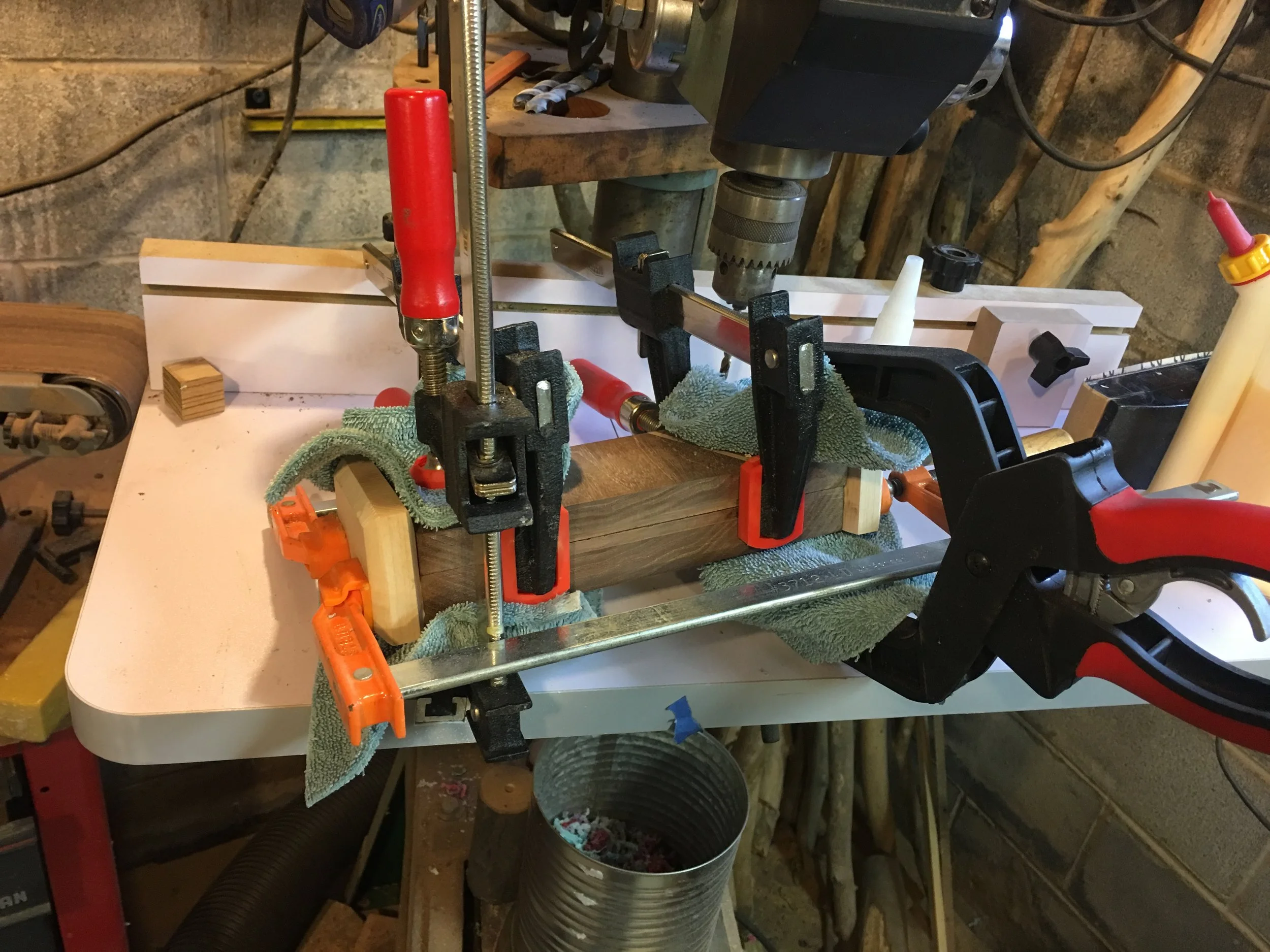 everything clamped down, waiting for sides of box to be attach to main box.