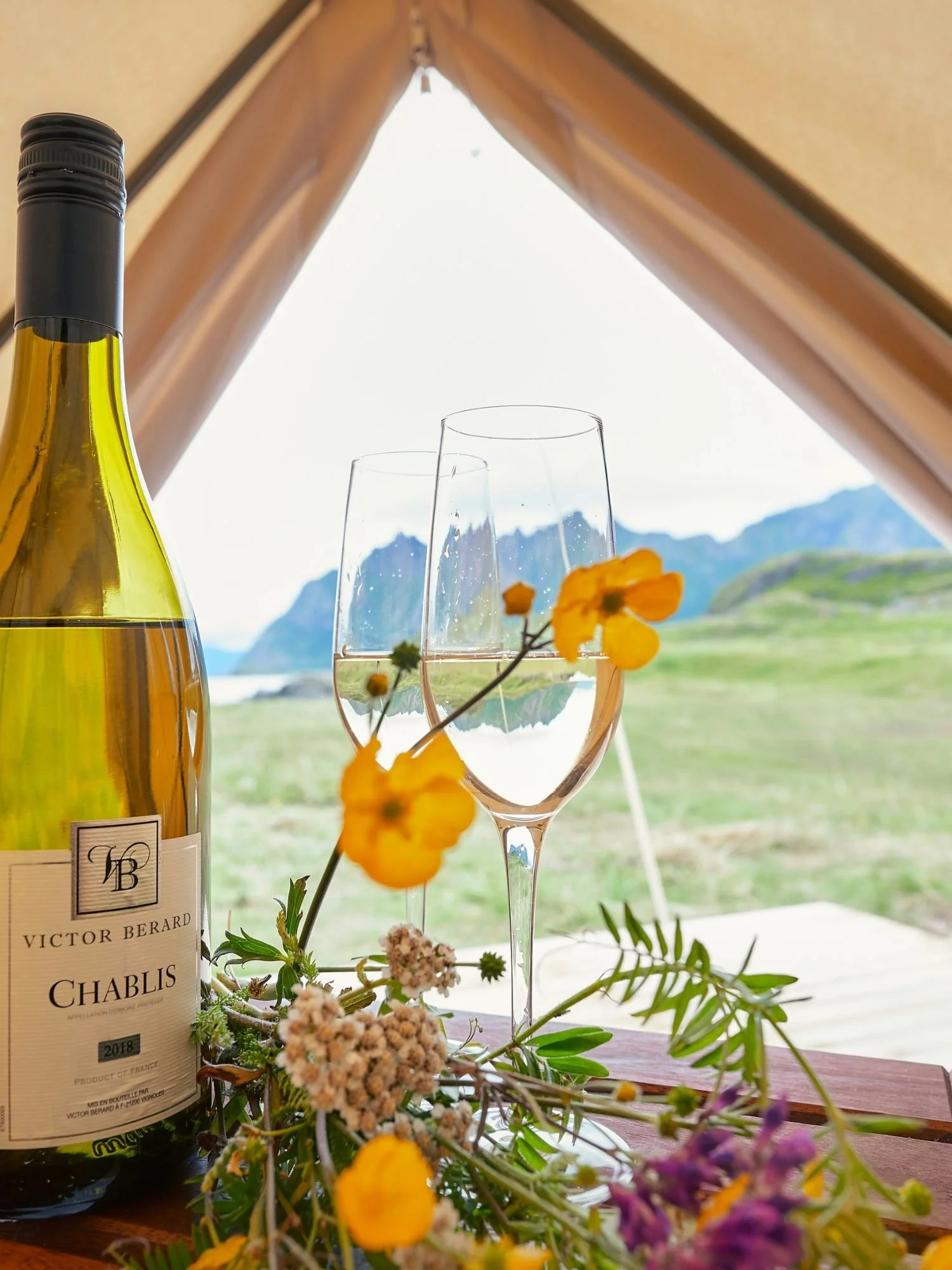 A close-up from inside a tan canvas glamping tent, looking out the triangular entrance at a scenic view.