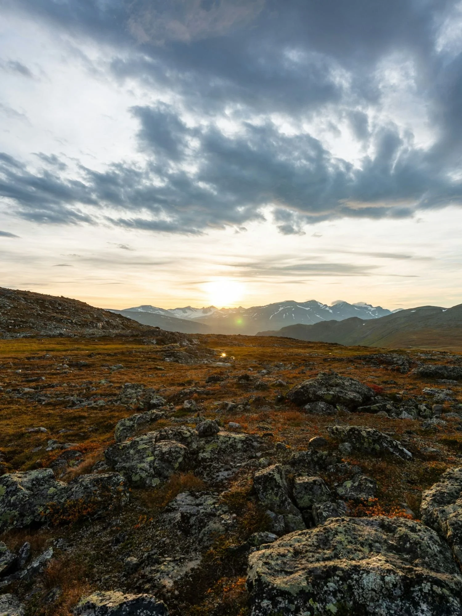 A wide landscape of Sarek National Park at sunset features a rocky, lichen-covered tundra in the foreground. The rough terrain slopes gently toward the midground, where a vast, flat valley stretches out under a low sun.