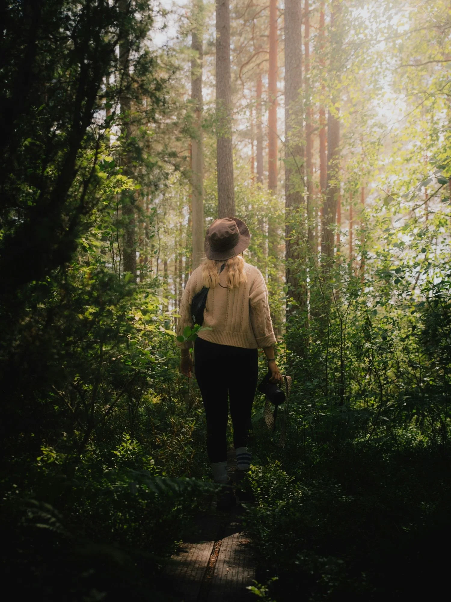 A woman with blonde hair, seen from behind, walks down a wooden boardwalk trail into a lush forest in Tiveden National Park. She is wearing a brown bucket hat, a beige cable-knit sweater, dark pants, and carries a camera in her left hand.
