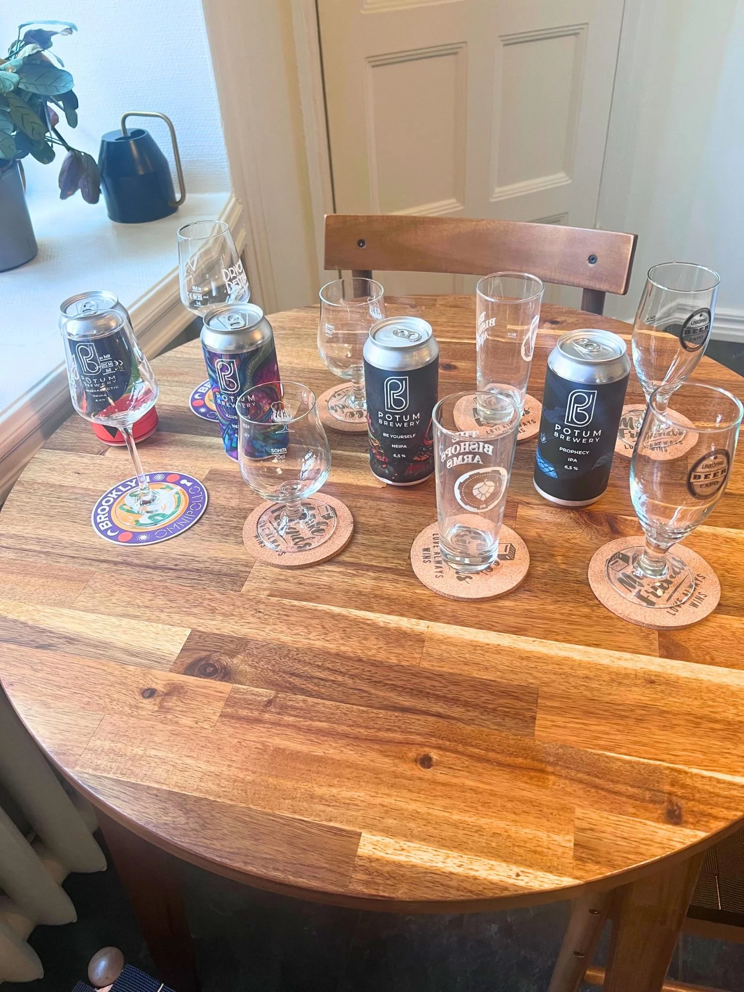 A wooden table set with several empty beer glasses on coasters and four cans of craft beer arranged in a row. The scene is by a window with soft natural light, and a small plant and watering can sit on the windowsill in the background.