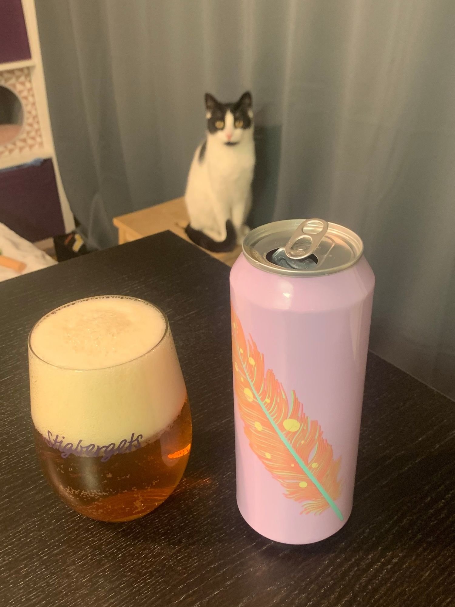 A glass of amber beer with a thick white head on a dark wooden table next to an open lavender-colored beer can featuring a stylized orange feather design.