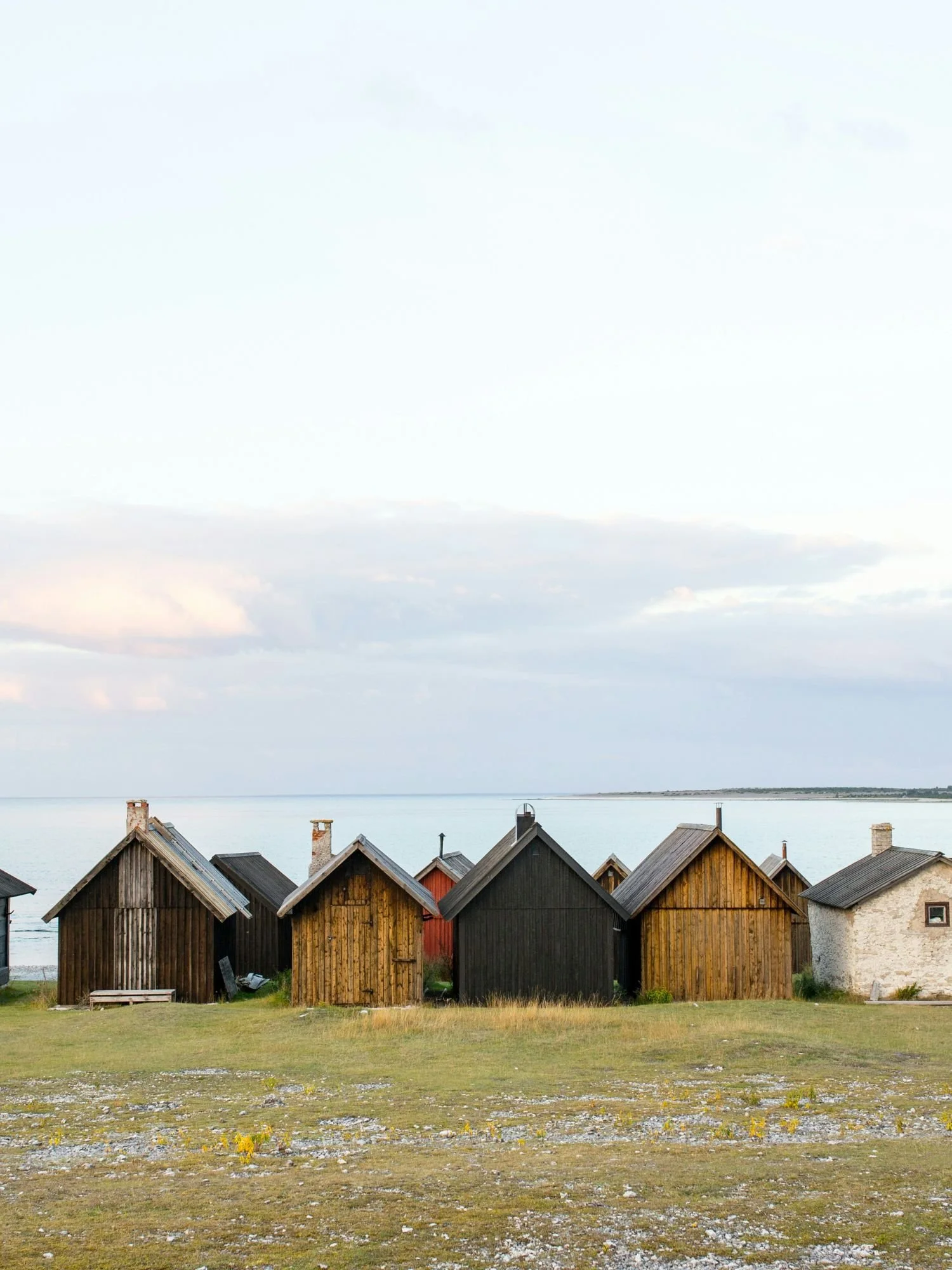 Small, traditional wooden cabins on the coast of Fårö. The cabins feature dark, weathered wood siding and steep, thatched roofs made of dried reeds. They sit on a flat, rocky landscape sparse with patches of dry grass.