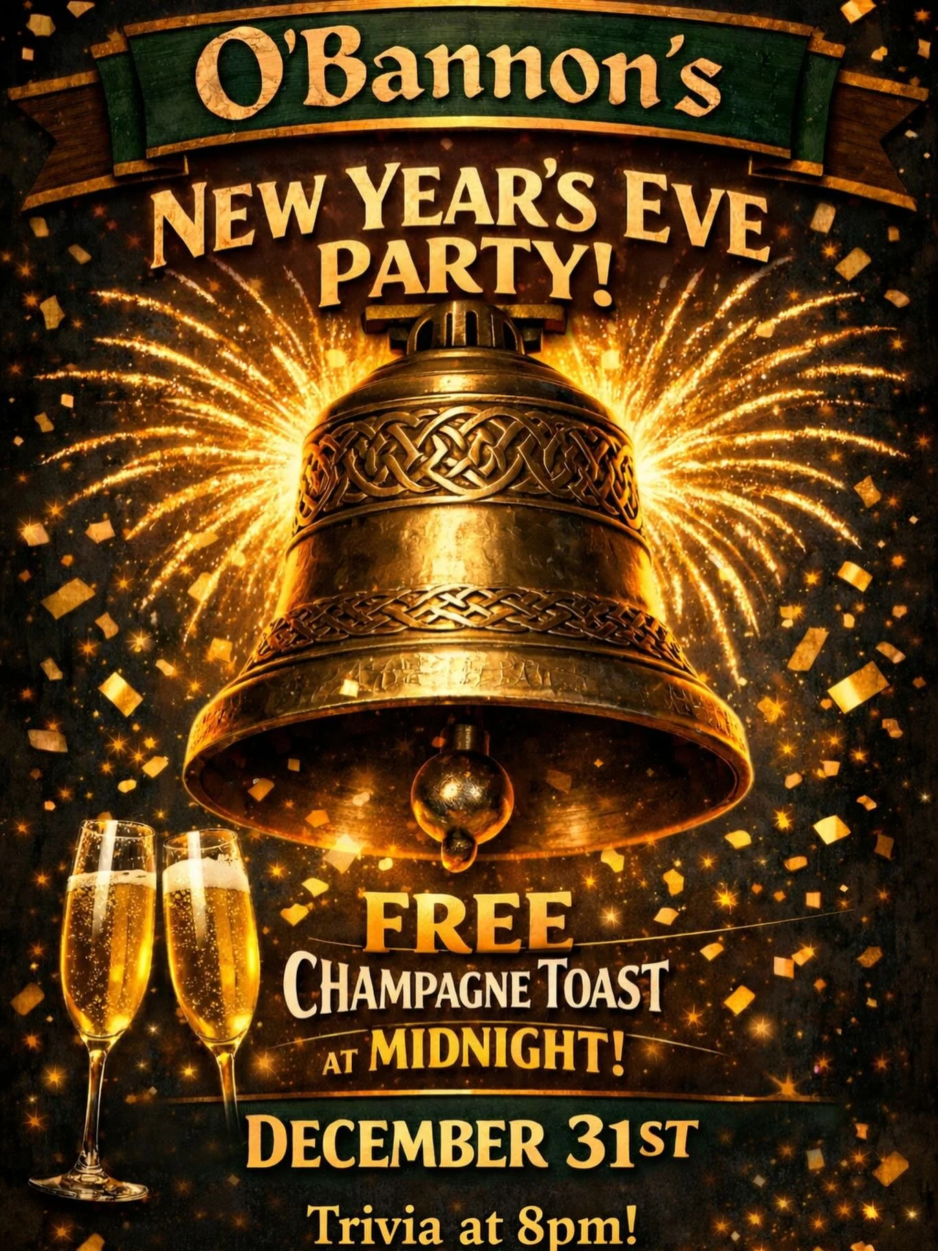 Pub opens at 7pm

Trivia at 8pm!

Champagne toast at midnight!