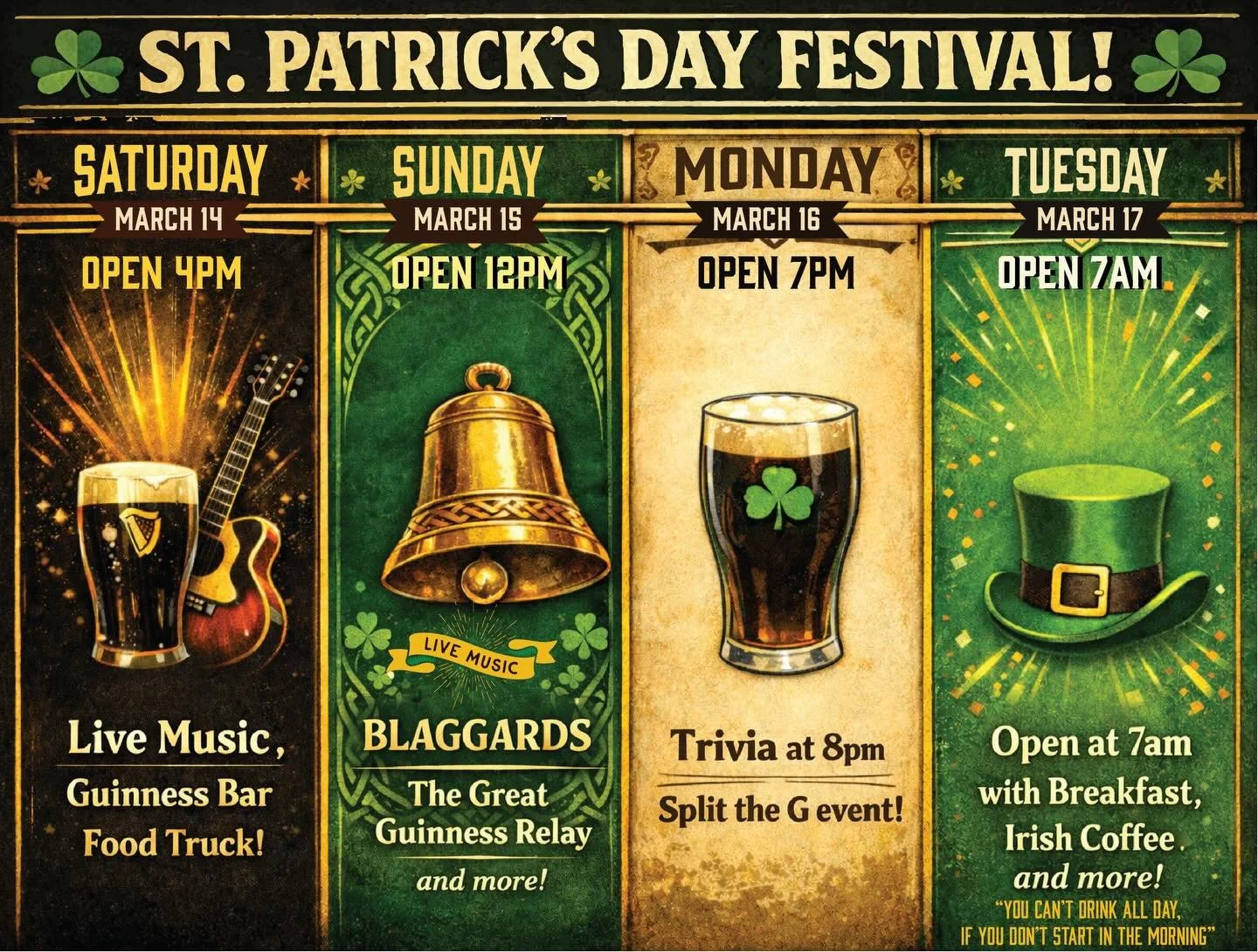 A St Patrick&rsquo;s Day party so epic, it takes 4 days to fit it all in! Live music, food, games, contests, and more!