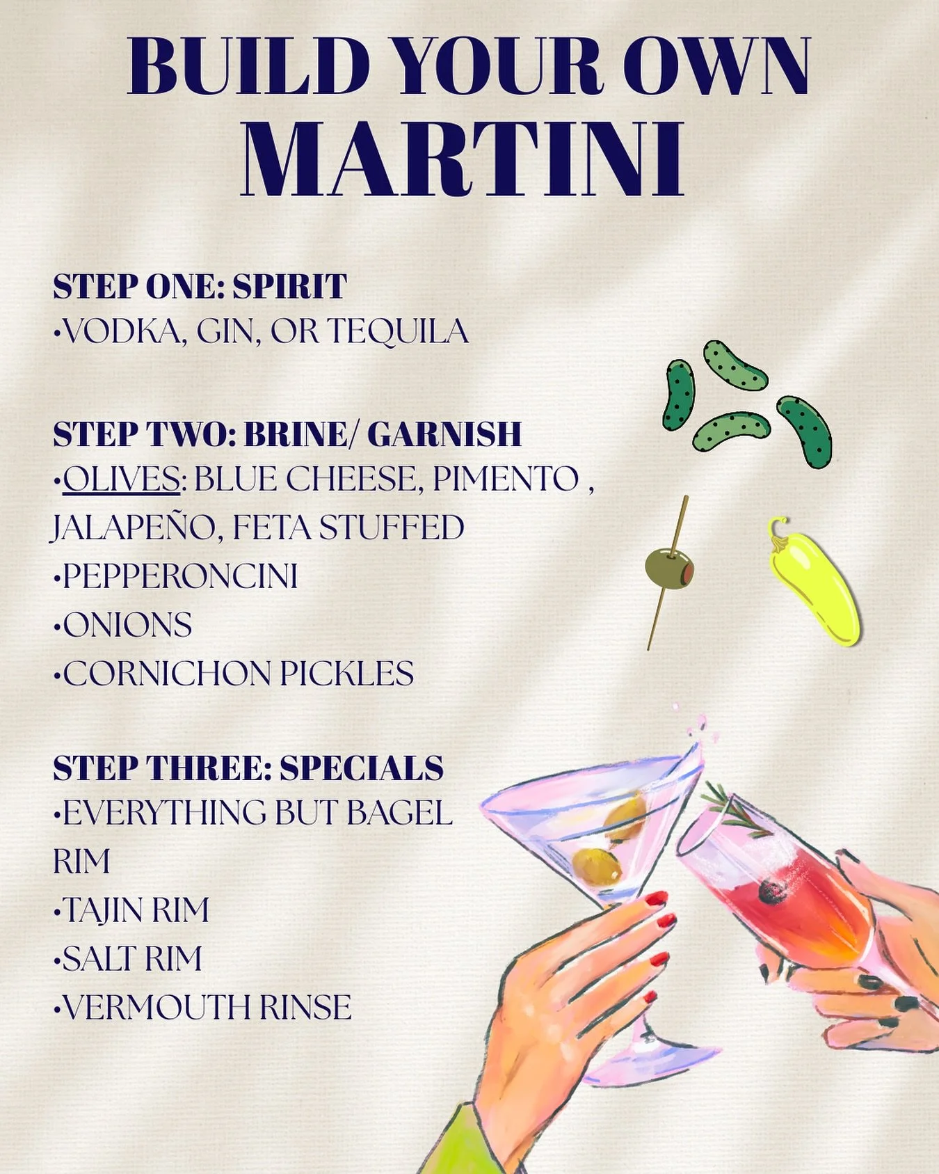 ✨ Shaken, stirred, or with a twist, your martini, your way. 🍸 Start with your favorite spirit, add the perfect brine, choose your garnish, and don&rsquo;t forget a little extra flair on the rim to make it uniquely yours.

Every sip is a masterpiece 