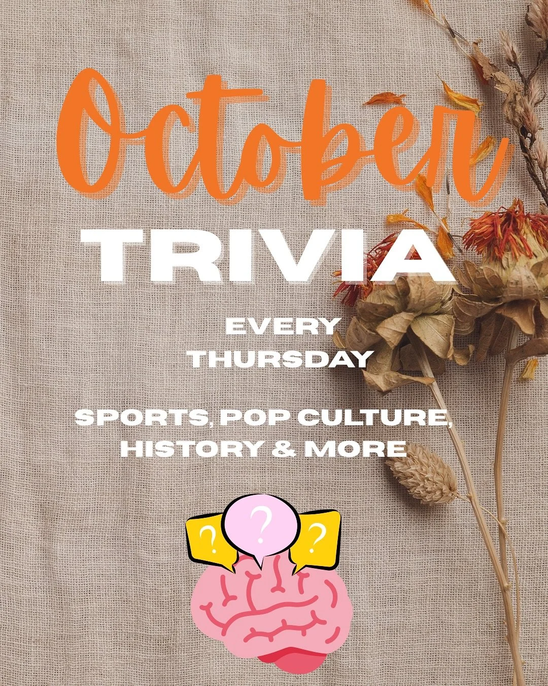 OCTOBER TRIVIA 🎃🧠📖❔

Join us every Thursday in October for bingo nights 🎉✨ And don&rsquo;t miss our special trivia week with sports, pop culture, history and so much more! 🏆🍀

And don&rsquo;t forget&hellip; we have TWO giveaways this month 👕✨ 