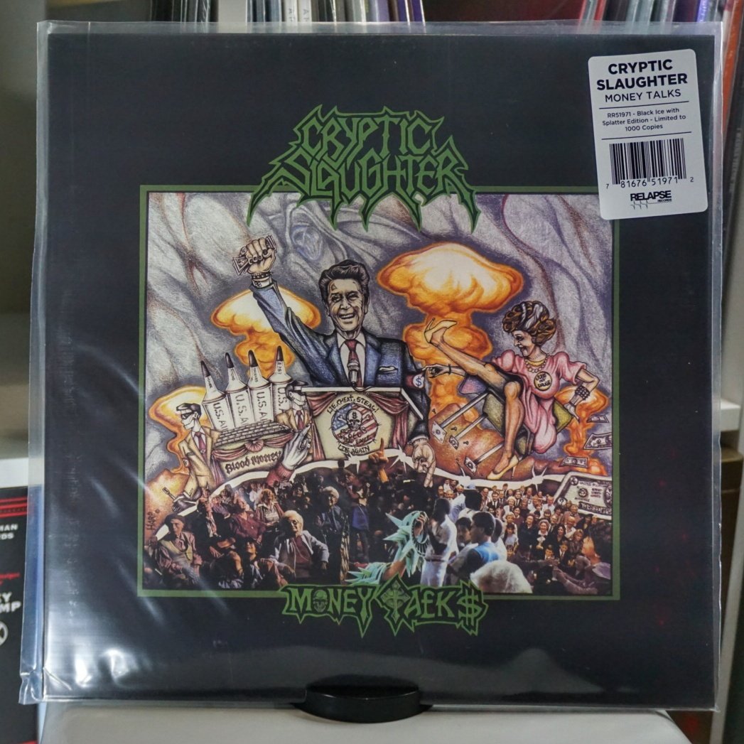 Cryptic Slaughter - Money Talks (Black Ice w/ Olive Green, Bone White and Halloween Orange Splatter Standard Gram) Reissue