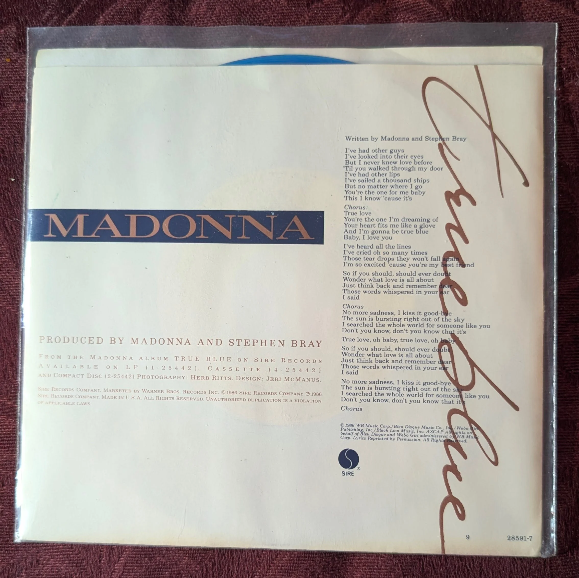 Madonna – True Blue (1986) 7" Translucent Blue Vinyl Single w/ Picture Sleeve